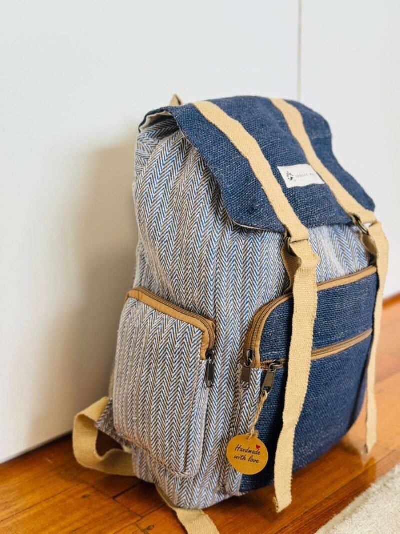 side view of dark blue hemp urban backpack