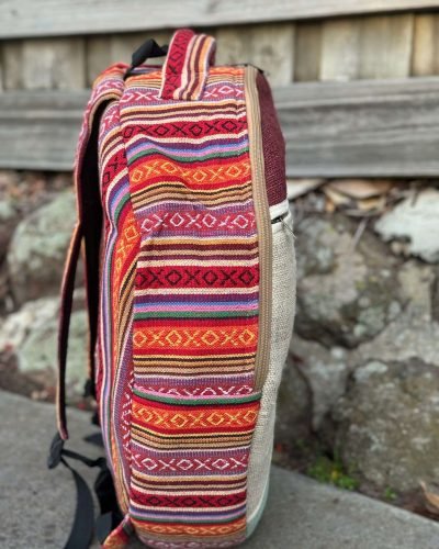 side view of red patterned hemp shamanic drum bag