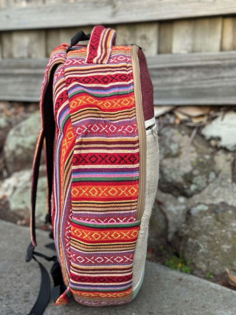 side view of red patterned hemp shamanic drum bag