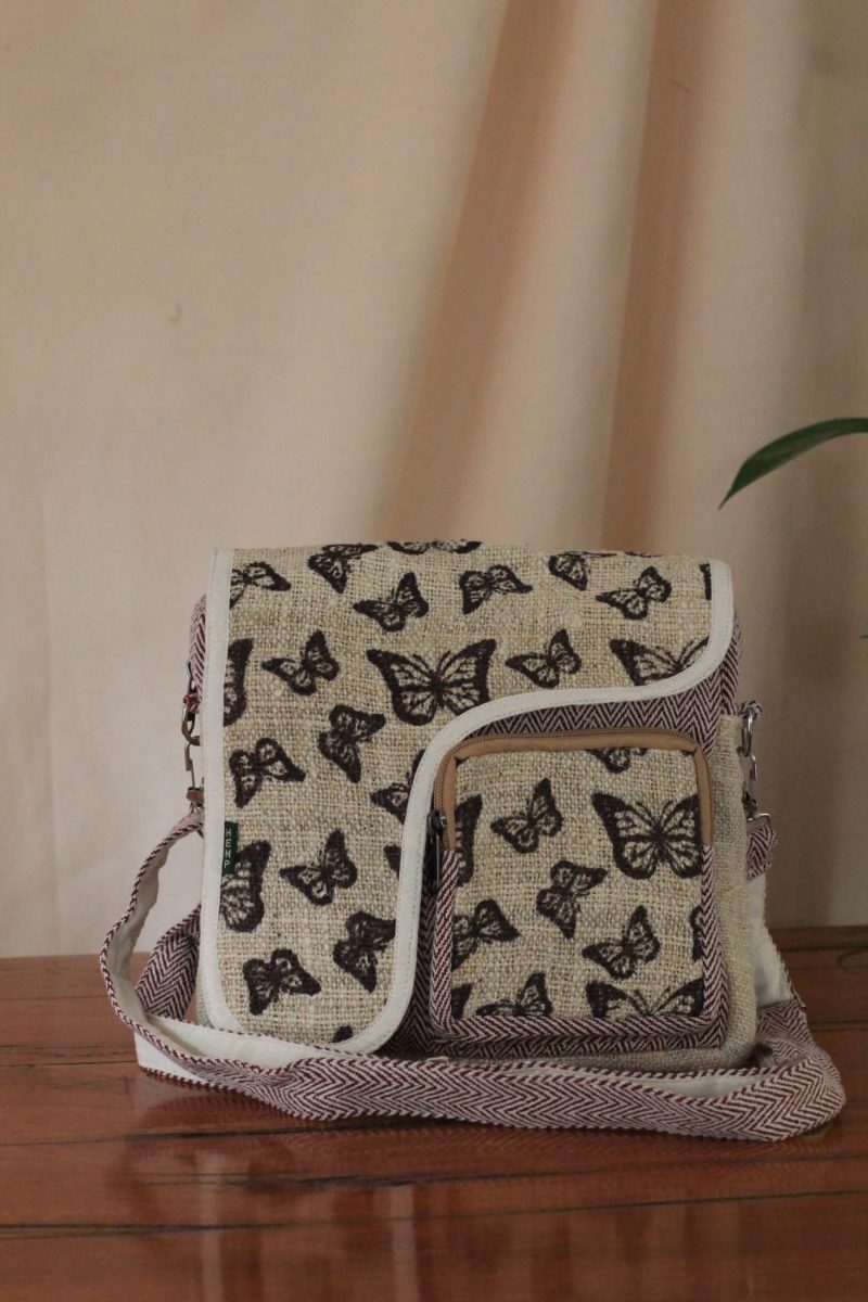 butterfly print hemp side bag on a table