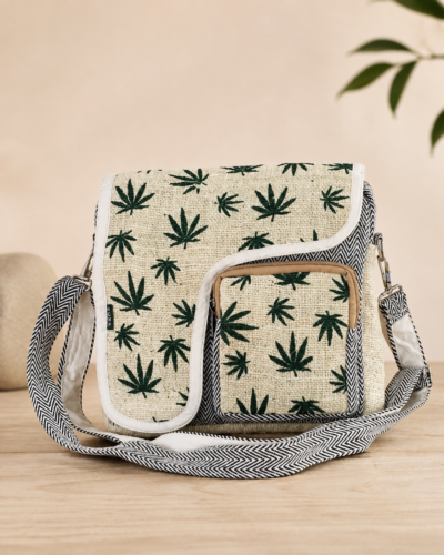 hemp print hemp side bag on table
