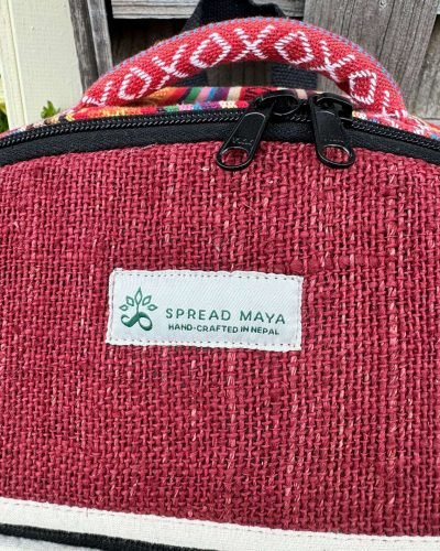 red eco dyed shamanic drum bag with spread maya tag