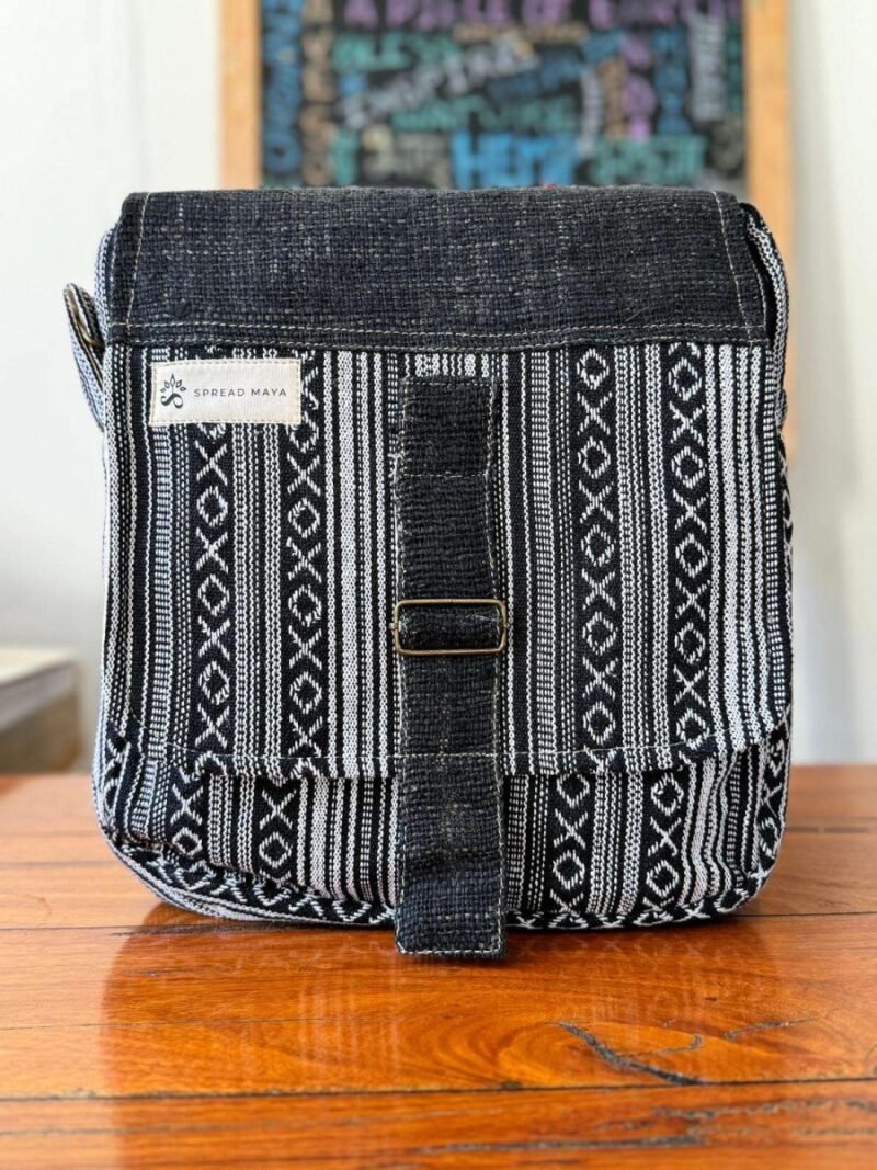 black and white hemp side bag with flap
