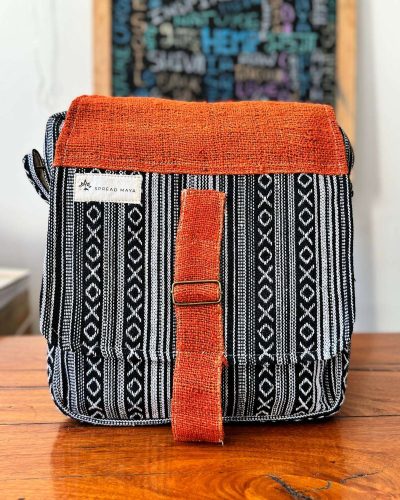 orange, black and white mix hemp side bag with flap