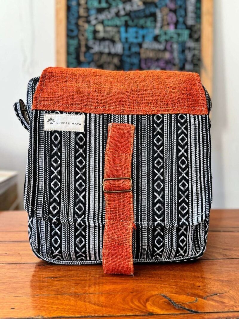 orange, black and white mix hemp side bag with flap