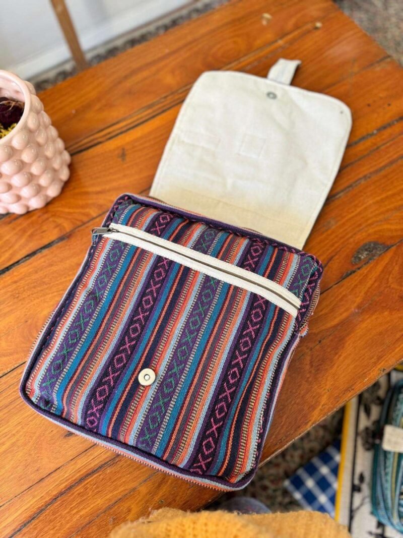 opened flap view of hemp side bag