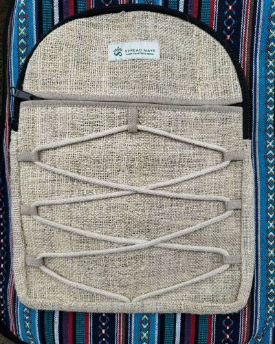 beige hemp backpack front pocket design