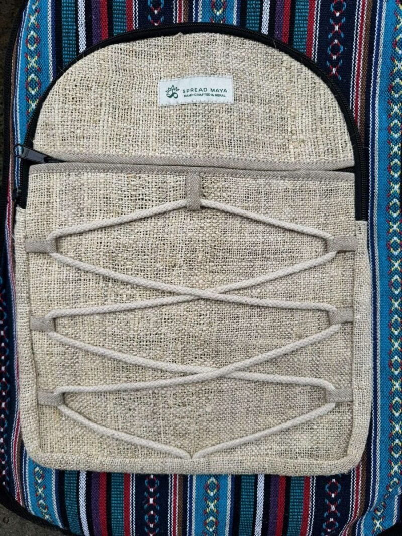 beige hemp backpack front pocket design
