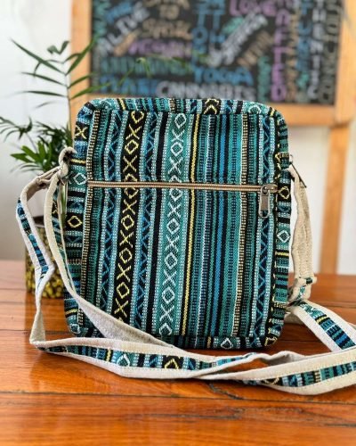 mushroom embroidery side bag black with blue mixed prints back