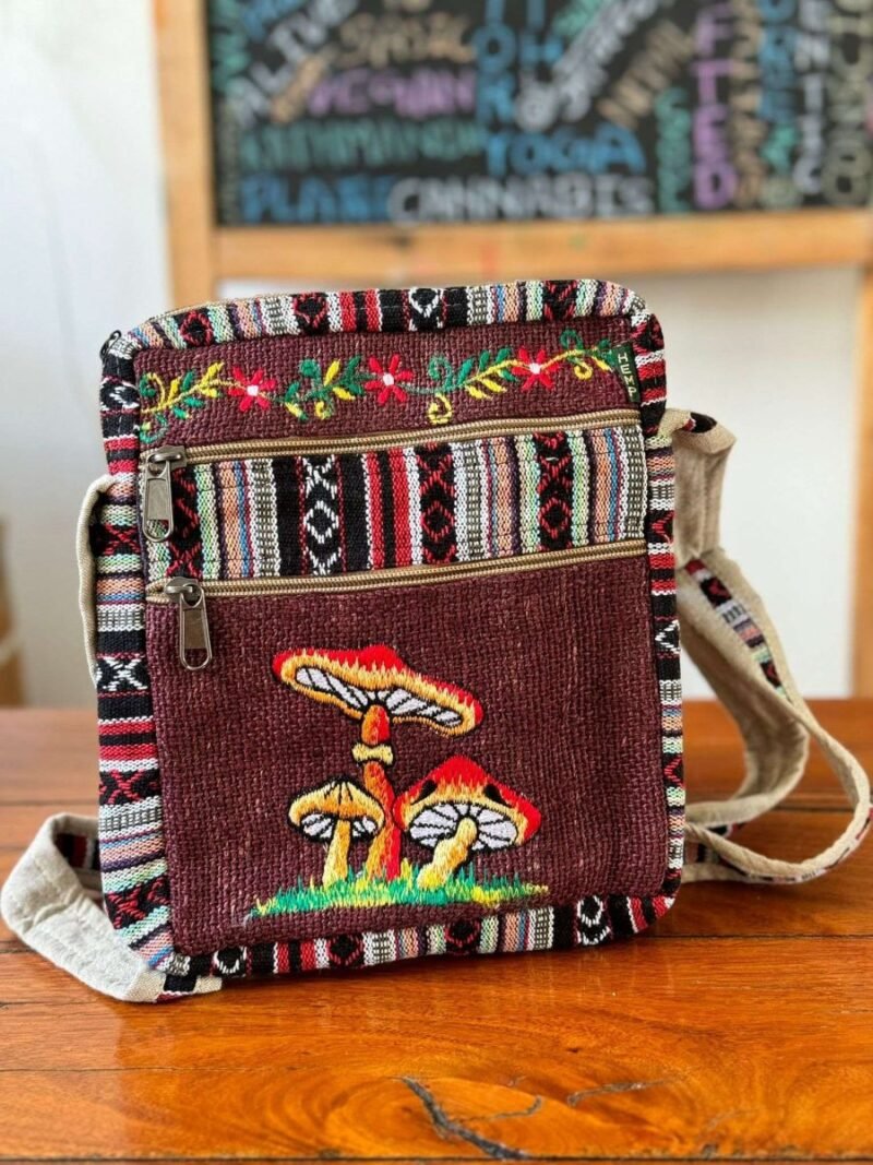 mushroom embroidery hemp side bag with flap brown