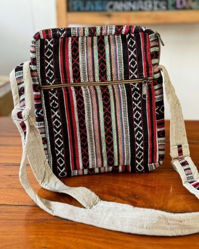 back of mushroom embroidery hemp crossbody bag