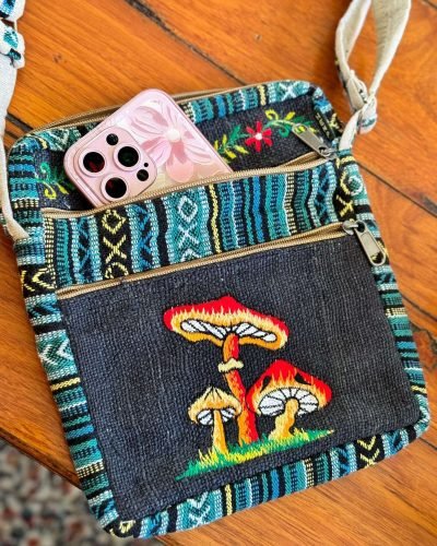 black and blue mix shoulder bag with mushroom embroidery