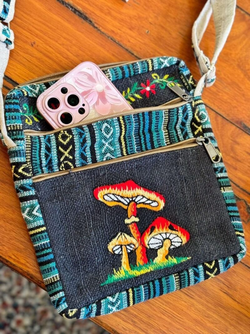 black and blue mix shoulder bag with mushroom embroidery