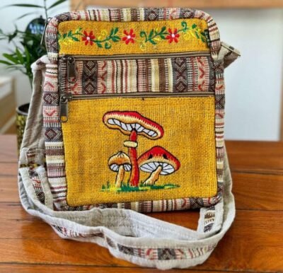 mushroom embroidery yellow hemp side bag