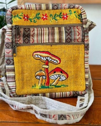 mushroom embroidery yellow hemp side bag