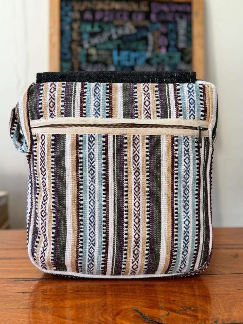back view of black and white hemp side bag