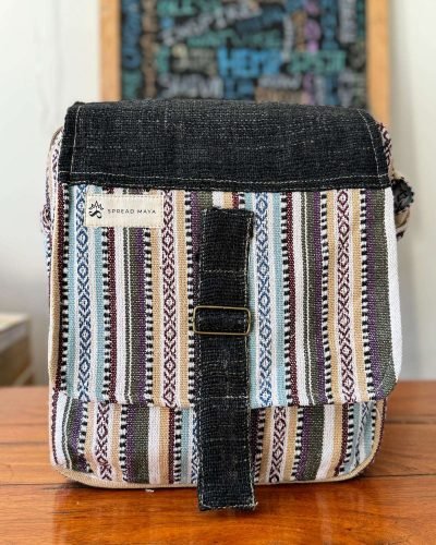 black and white mix hemp side bag with flap