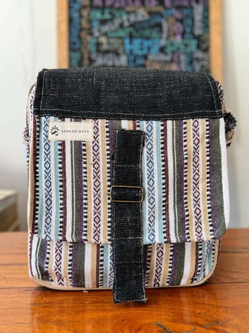 black and white mix hemp side bag with flap