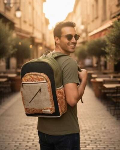 a person carrying colortrail hemp backpack