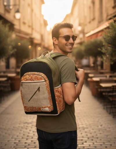 a person carrying colortrail hemp backpack