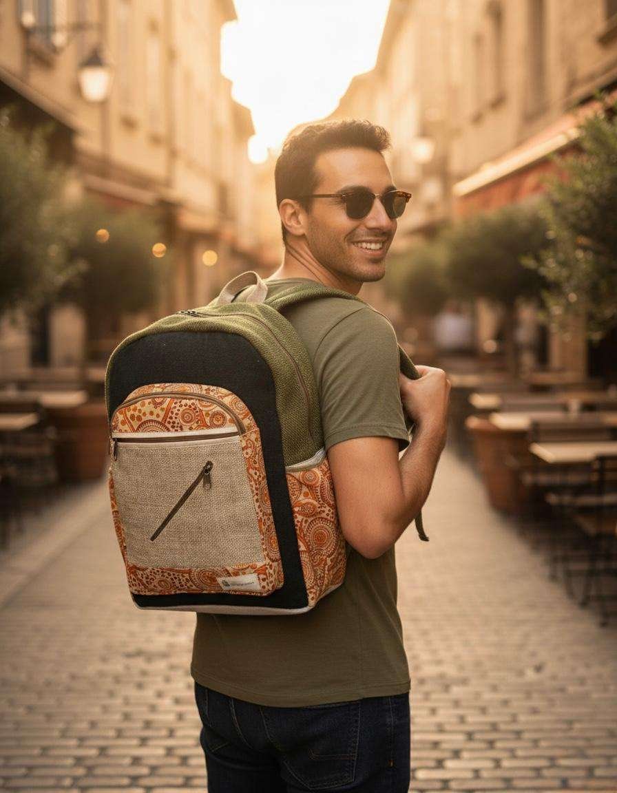 a person carrying colortrail hemp backpack