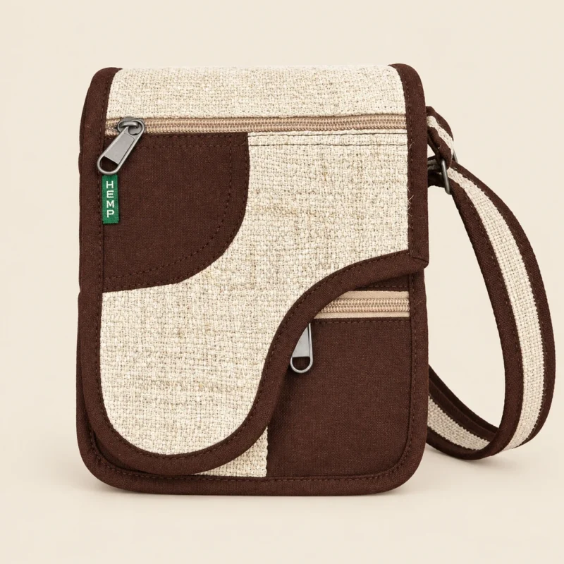 natural and brown hemp crossbody bag with its long shoulder strap front