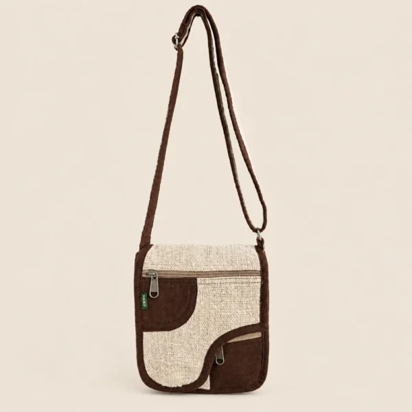 natural and brown hemp crossbody bag with its long shoulder strap extended