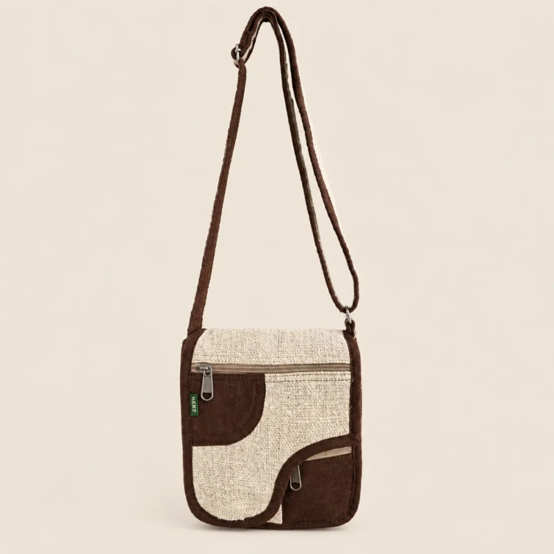natural and brown hemp crossbody bag with its long shoulder strap extended