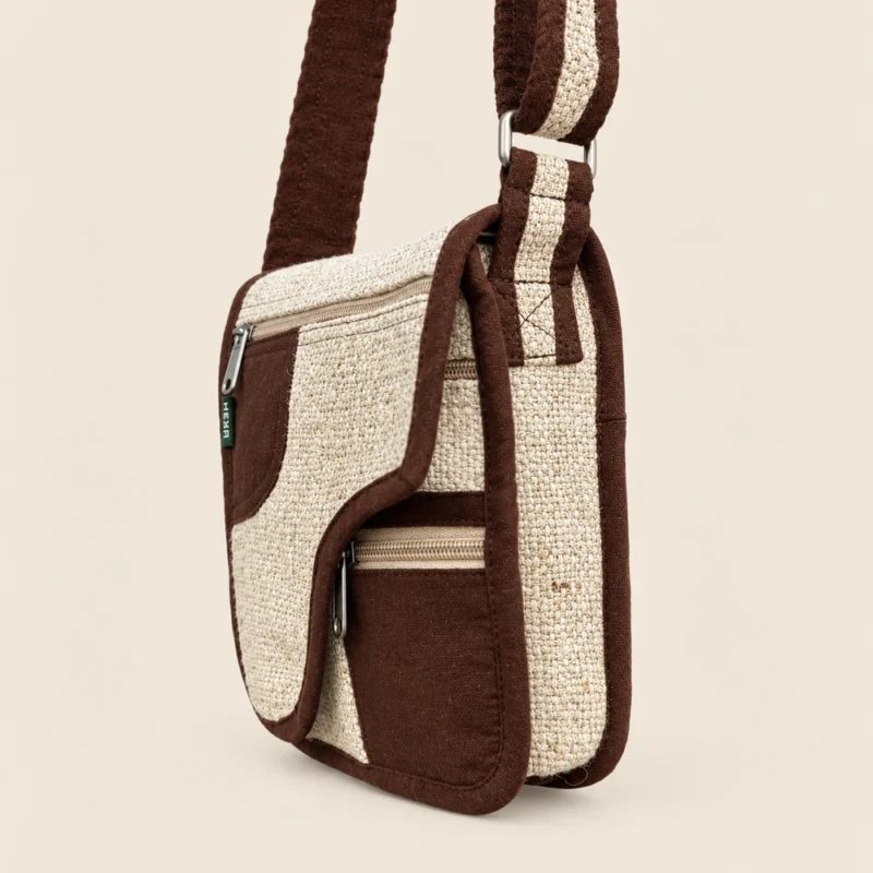 Side view of a brown and natural hemp crossbody bag showing its gusset ad strap adjustment