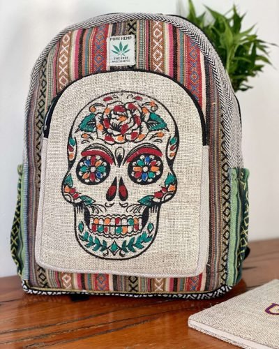Colorful Skull Printed Hemp Backpack - Made in Nepal - Image 4
