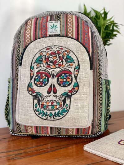 Colorful Skull Printed Hemp Backpack - Made in Nepal - Image 4
