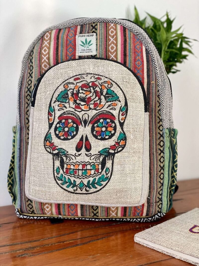 Colorful Skull Printed Hemp Backpack - Made in Nepal - Image 4