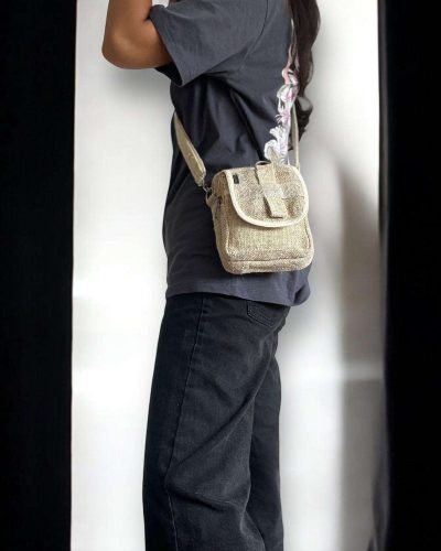 a woman carrying hemp side bag