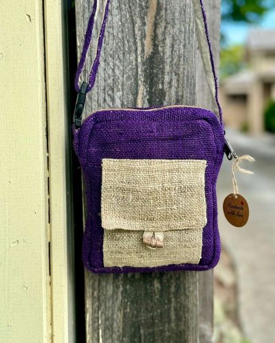 purple and beige mix hemp side bag
