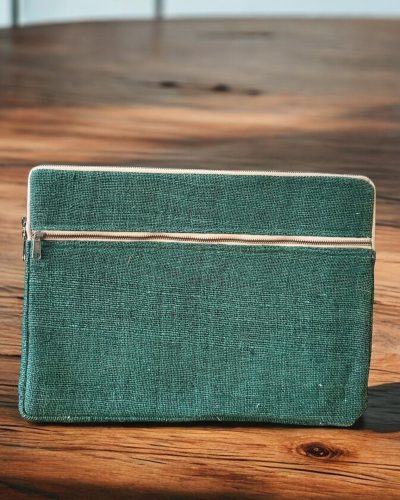 front view of pure hemp laptop sleeve in green