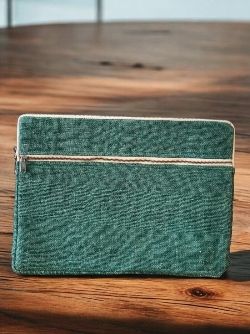 front view of pure hemp laptop sleeve in green