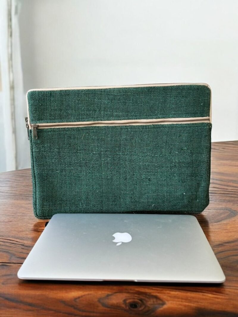 front view of green hemp laptop sleeve with a macbook