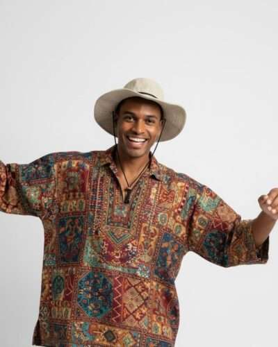 a man with beige hemp hat with string