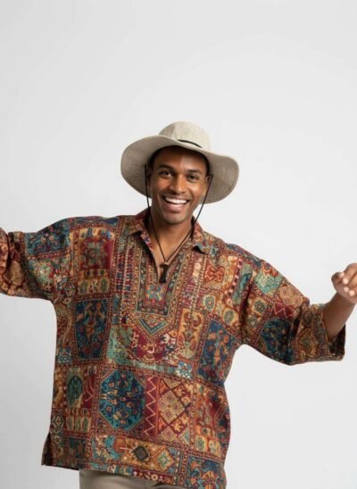 a man with beige hemp hat with string