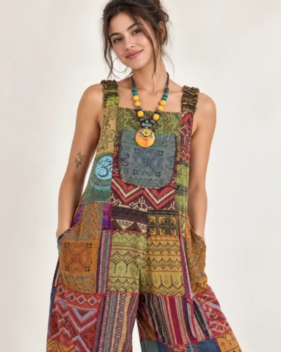 Model wearing a Boho-Patchwork Overall