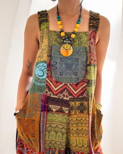 front view of colorful hippie boho patchwork overall