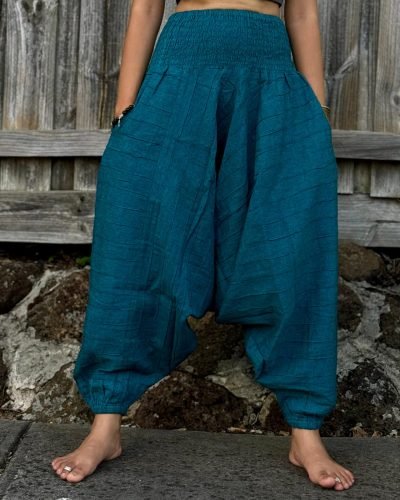 Model wearing Blue Harem pant, Hand-stitched in Nepal