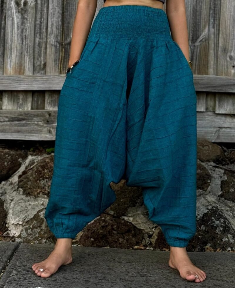 Model wearing Blue Harem pant, Hand-stitched in Nepal