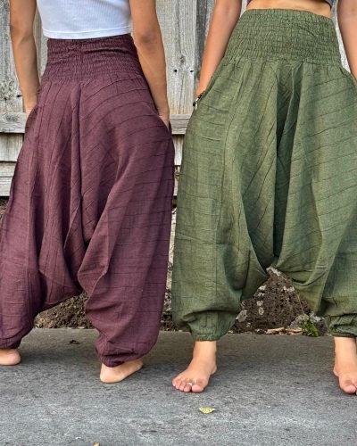 Models wearing Green and Maroon Harem pants, Hand-stitched in Nepal