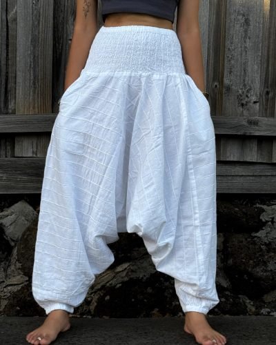 Model wearing a white Harem pant, Handmade in Nepal
