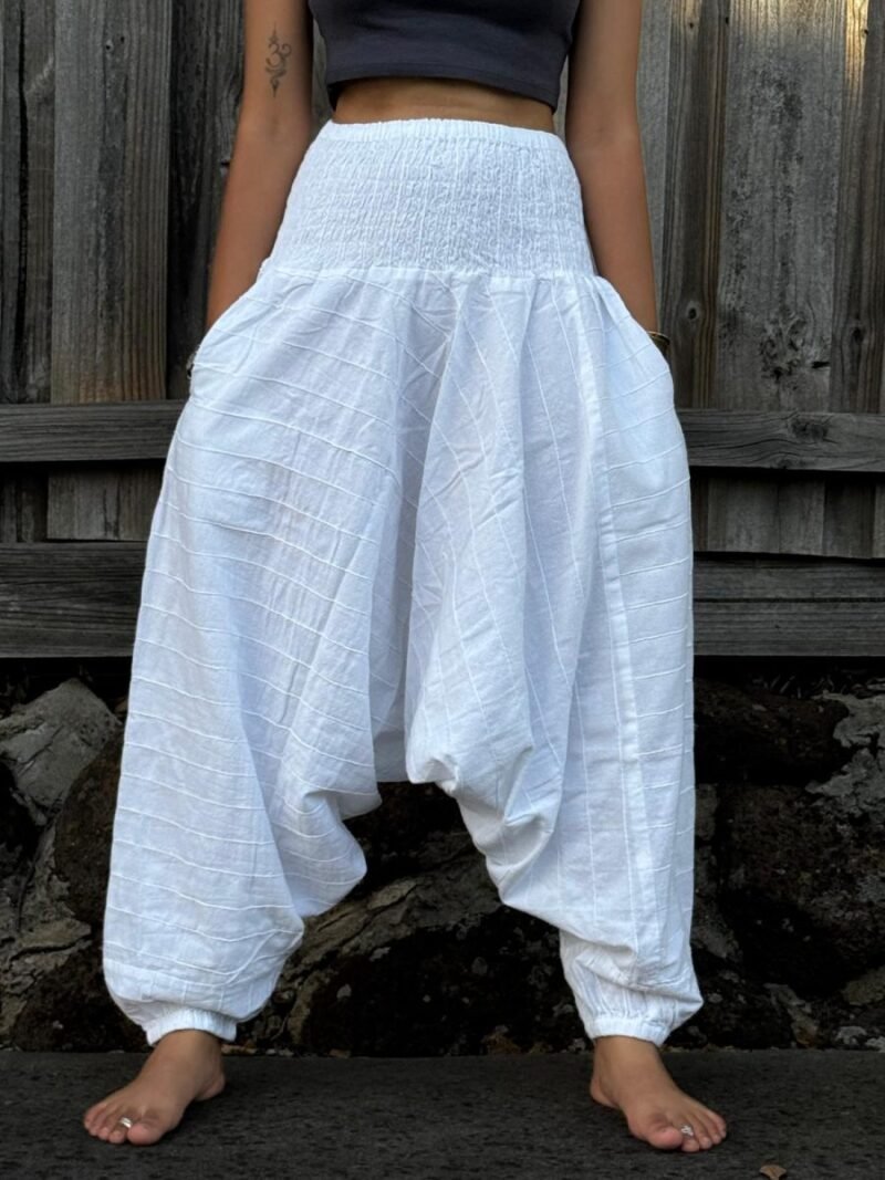 Model wearing a white Harem pant, Handmade in Nepal