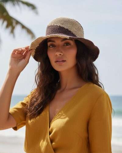 A woman posing with handmade crochet hemp hat in natural setting
