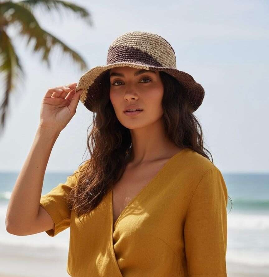 A woman posing with handmade crochet hemp hat in natural setting