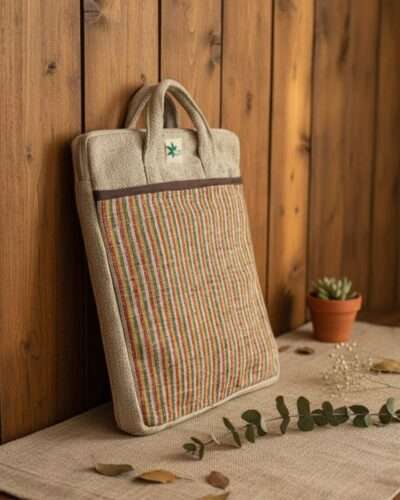 hemp cotton laptop sleeve against a wall