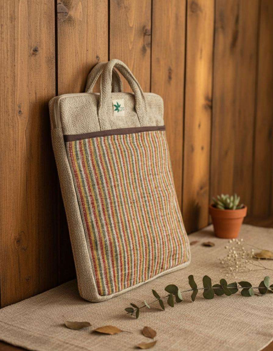 hemp cotton laptop sleeve against a wall